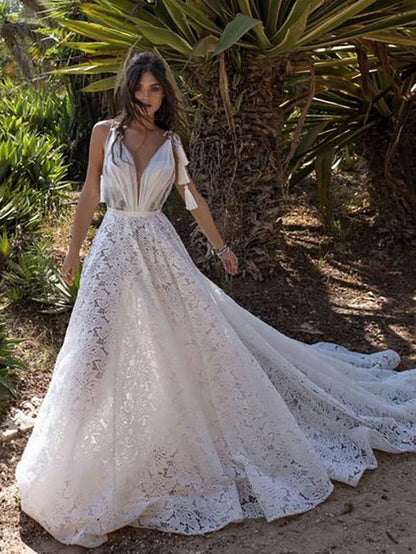 Deep V-neck Tasseled Waisted Bohemia Wedding Dress