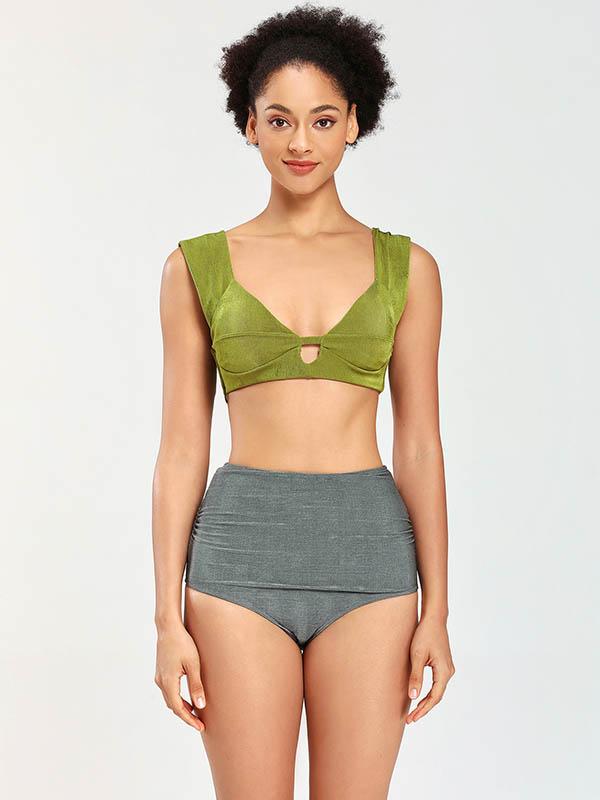 Solid Color Deep V-Neck Split Bikini Swimsuit