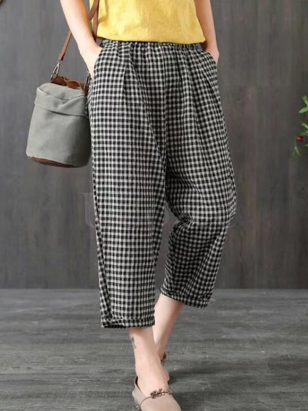 Vintage Ramie Cotton Plaid Capri Harem Pants