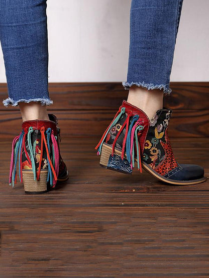 Printed Split-joint Tassels Zipper Booties