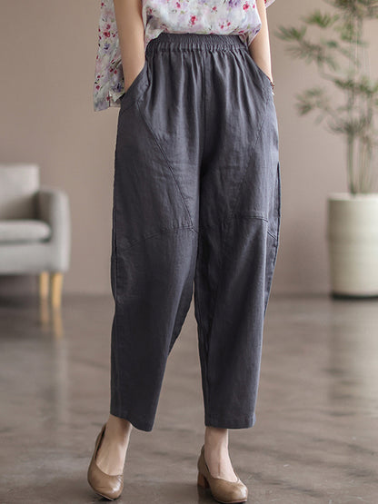 Simple Linen Solid Color Split-Joint Harem Pants