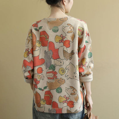 Buykud Loose O-neck Cartoon Printed Casual Sweater