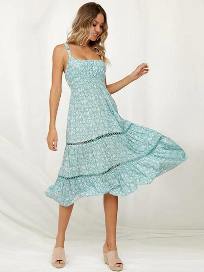 Printed Hollow Split-joint Spaghetti-neck Maxi Dress