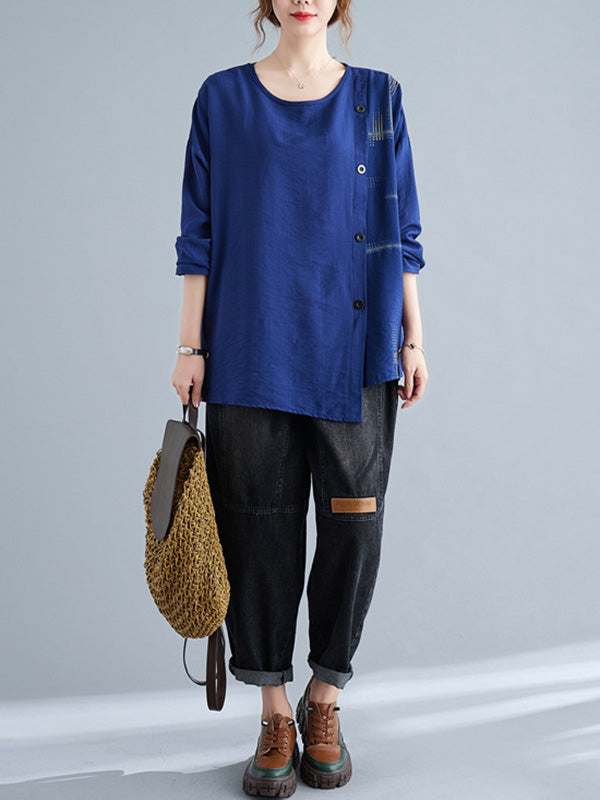 Casual Asymmetric Buttoned Round-Neck Long Sleeves T-Shirt Tops