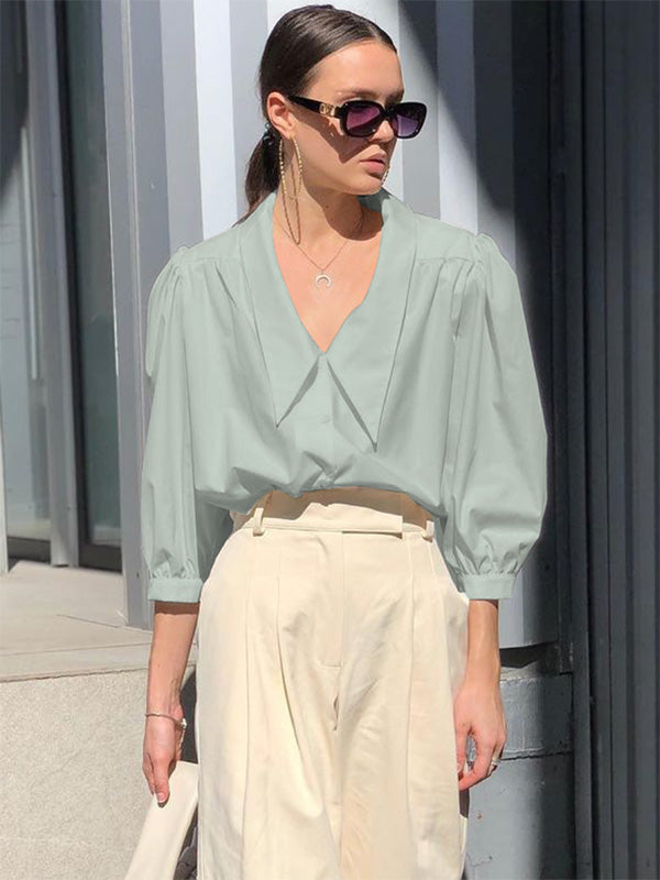 Urban Solid Color Split-Joint Pleated Lapel Collar Bishop Sleeves Shirt