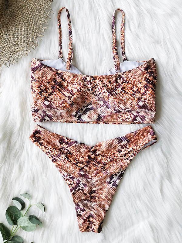 Snake-Print Knotted Split Bikini Swimsuit