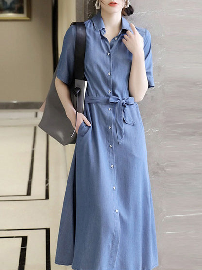 Urban Denim Blue Belted Lapel Short Sleeves Oversize Midi Dress