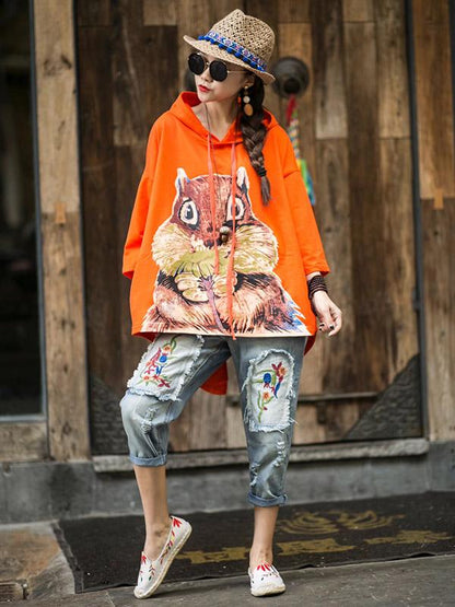 Loose Vintage Squirrel Print Hoodies