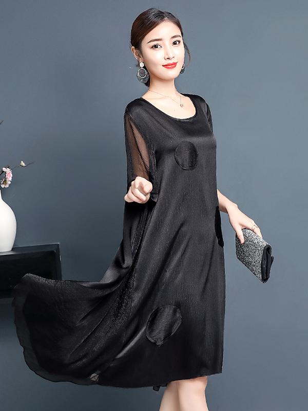 Plus Size Solid Color A-line Round-neck Mini Dress