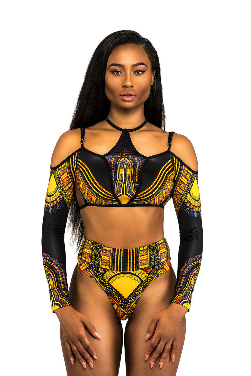 National long-sleeve print high-waisted BIKINI SWIMSUIT