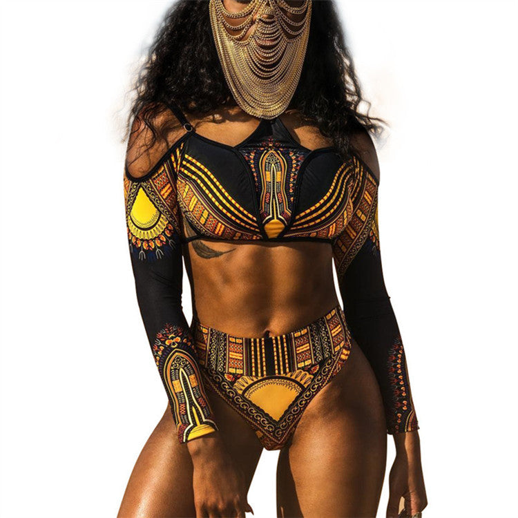 National long-sleeve print high-waisted BIKINI SWIMSUIT