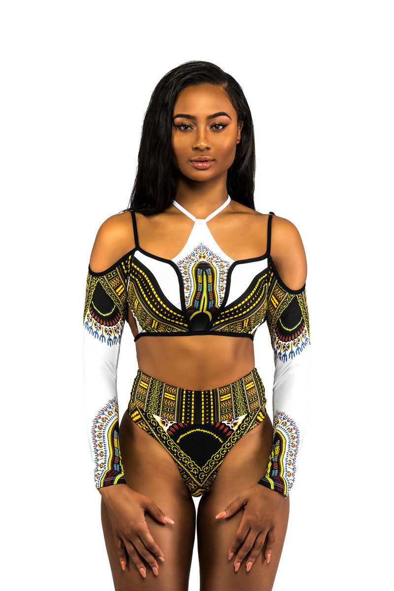 National long-sleeve print high-waisted BIKINI SWIMSUIT