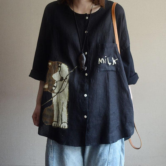 Casual Loose Round Neck Spliced Print Blouse