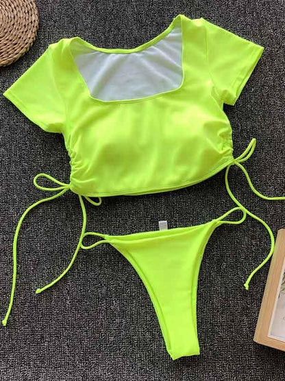 Lace Up Bandeau Short Sleeve Bikini Swimsuit