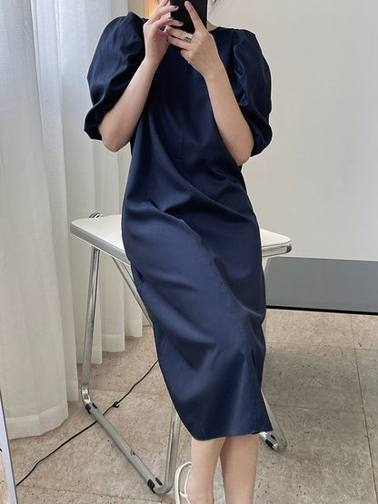 Girlish A-Line Puff Sleeves Round-Neck Midi Dress