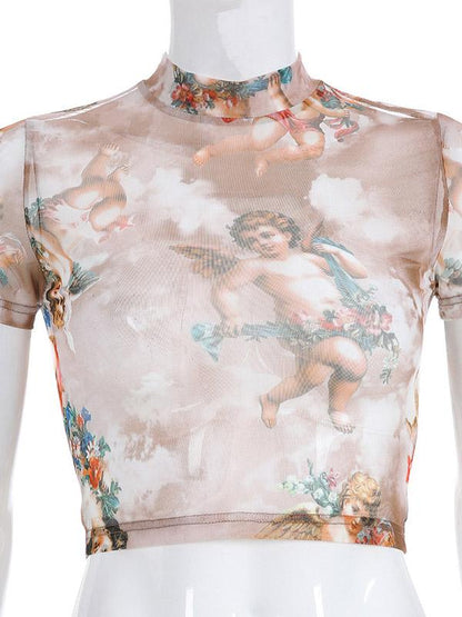 Sports Short Sleeves Printed Gauze T-shirt