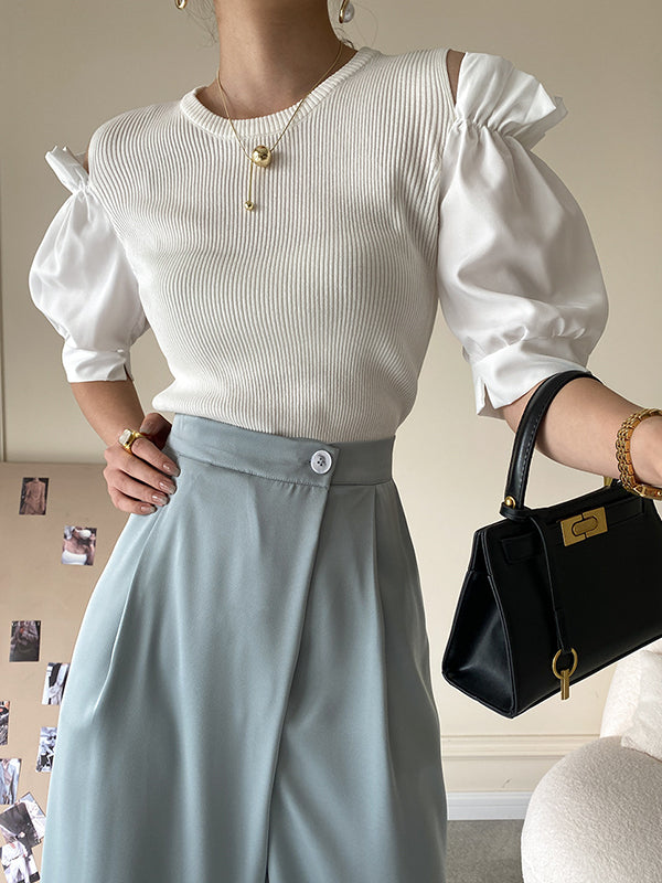 Original Contrast Color Puff Sleeves Cold Shoulder T-Shirt Top