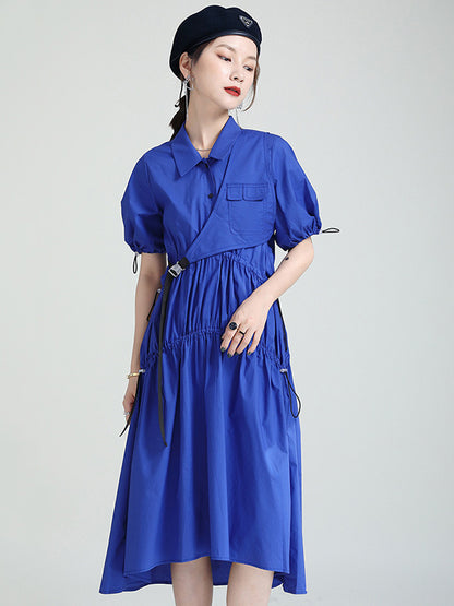 Casual Solid Color Asymmetric Pleated Split-Joint Midi Dress+Vest Tops Two Pieces Set