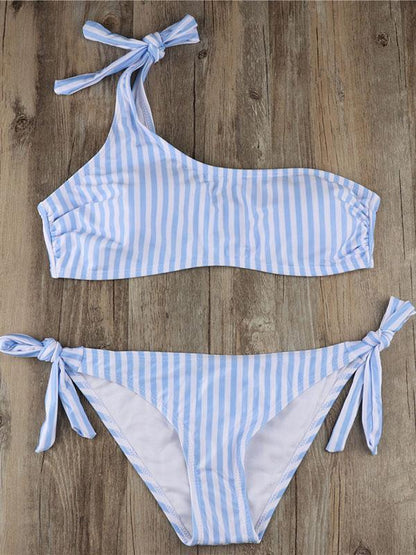 Striped Bandeau Lace Up Bikinis Swimwear