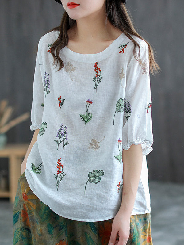 Ramie Cotton Embroidered Round-Neck Short Sleeve T-Shirts Tops
