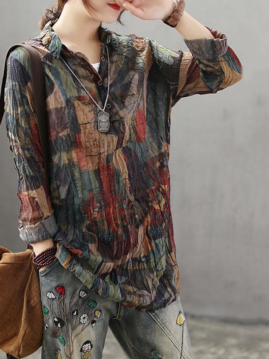 High-low Vintage Loose Printed Blouse Top