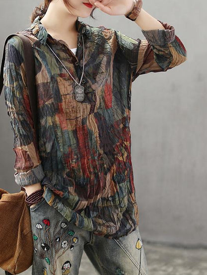 High-low Vintage Loose Printed Blouse Top