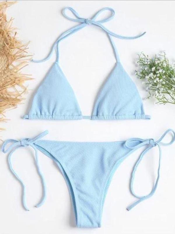 Solid Color Triangle Bandage Split Bikini Swimsuit