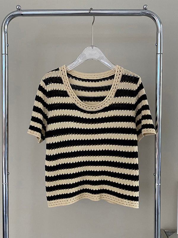 Simple Black White Contrast Color Striped Knitting T-Shirt