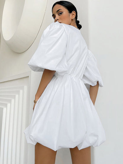 Simple Solid Color Pleated V-Neck Bishop Sleeves  Mini Dress