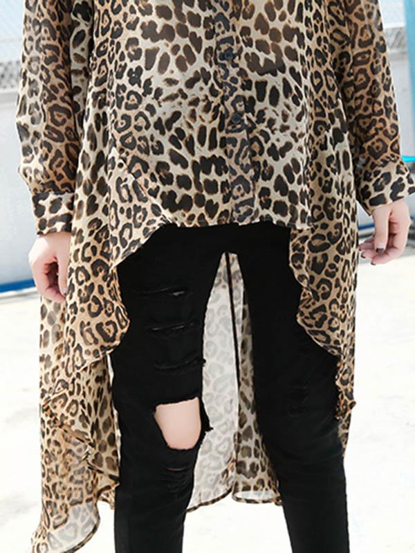 Leopard Chiffon Loose High-low Light Shirt Top