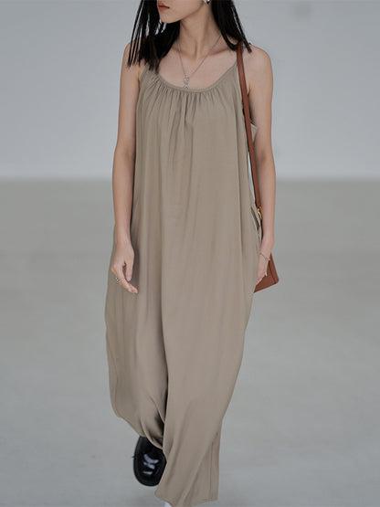 Leisure Fashion Loose Solid Color Pleated Spaghetti-Neck Midi Dress