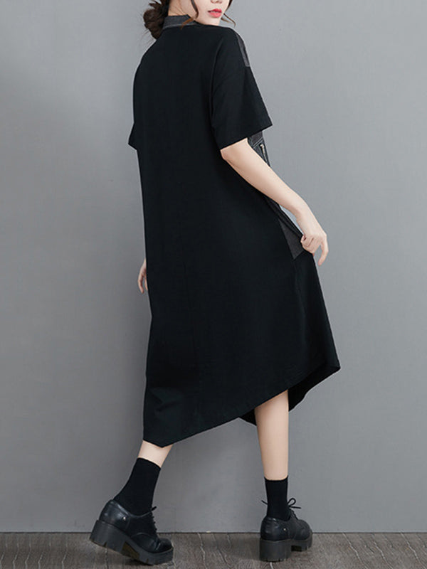 Casual Irregular Split-Joint Half Sleeves Lapel Collar Midi Shirt Dress