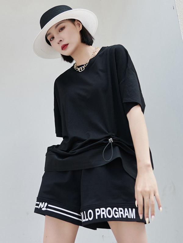 Stylish Black Asymmetric Drawstring Pleated Round-Neck Short Sleeves T-Shirts