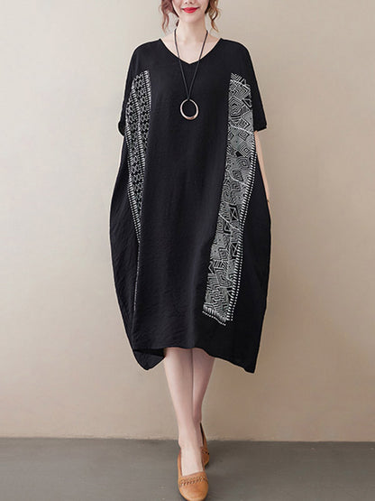 National Printed Batwing Sleeves Round-Neck Loose Midi Dress