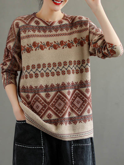 Vintage National Printed Red Striped Round-Neck Long Sleeves Knitted Sweater