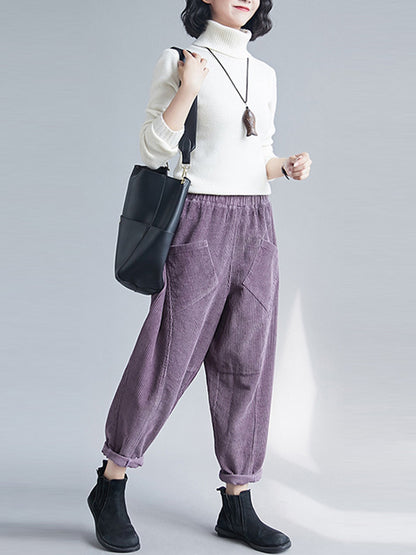 Casual Solid Color Split-Joint With Pocket Elasticity Wide Legs Corduroy Harem Pants