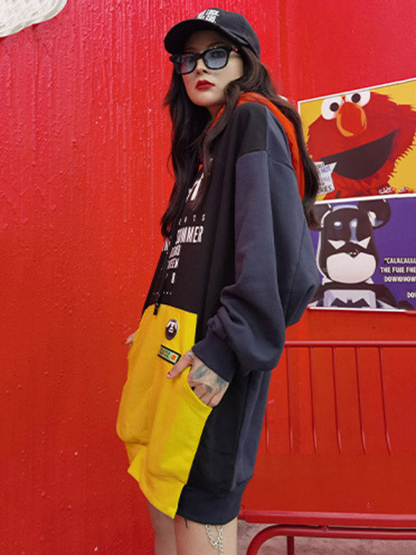 Original Split-Joint Contrast Color Letter Printed Batwing Sleeve Drawstring Hoodies