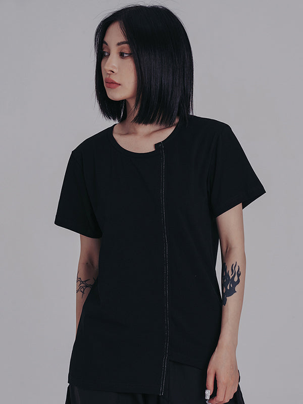 Casual Short Sleeves Irregular Black T-Shirt Top