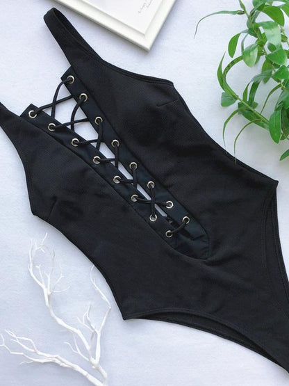 Lace-up Deep-v One-piece Swimwear