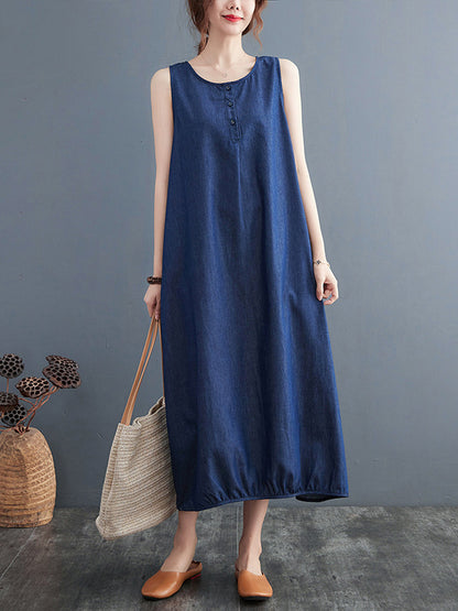 Simple Casual Denim Solid Color Midi Dress