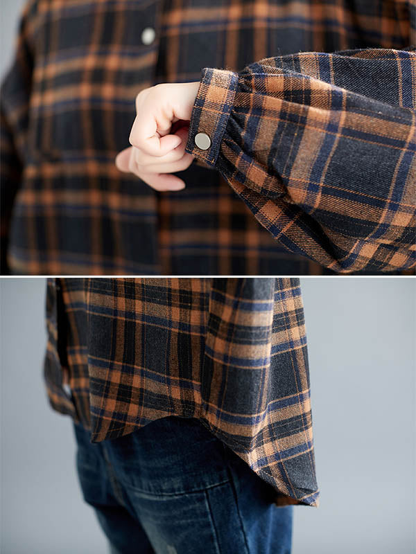Artistic Retro Plaid Buttoned Lapel Collar Long Sleeves Blouse