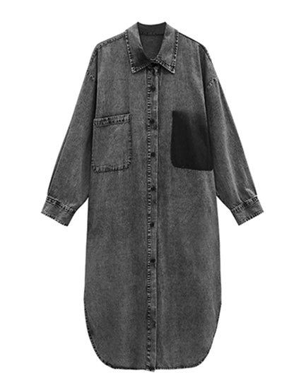 Simple Cool Raw Denim Split-Side Split-Joint With Pocket Buttoned Lapel Collar Long Sleeves Midi Shirt Dress