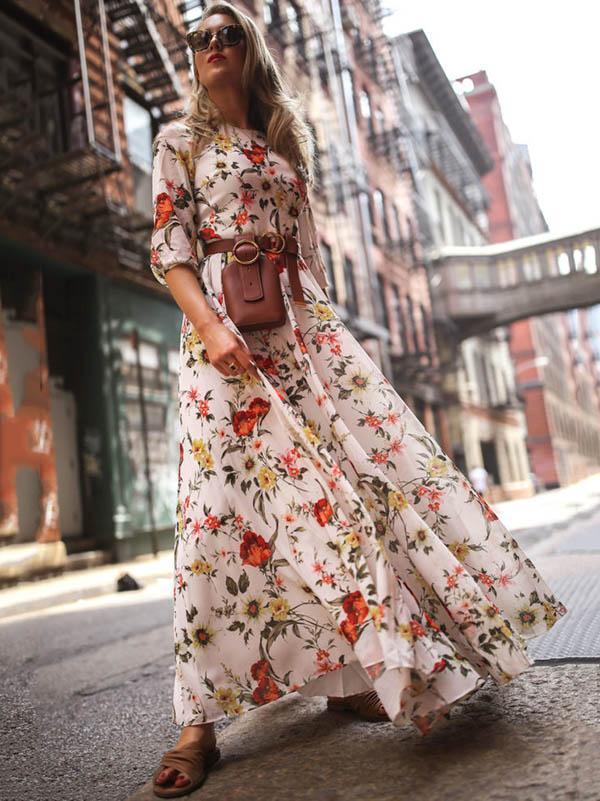 Round Neck Half Sleeves Bohemia Maxi Dress