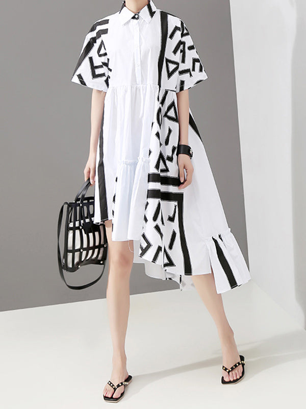 Loose Asymmetric Printed High-Low Lapel Split-Joint Midi Dress