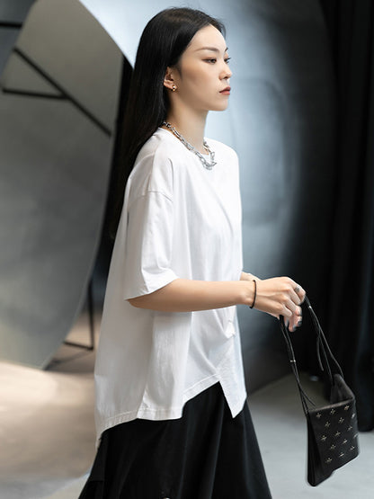 Stylish White Round-Neck Asymmetric Split-Joint T-Shirt