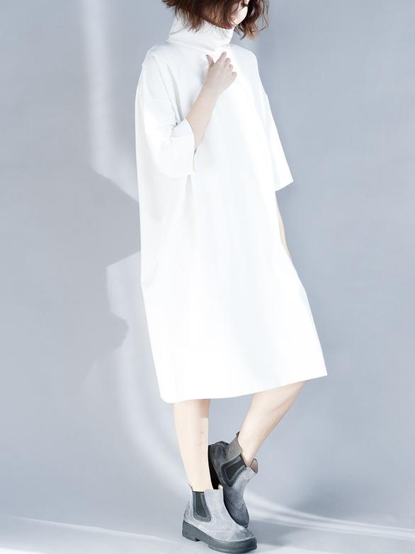 Solid Loose High-neck Half Sleeves Dress