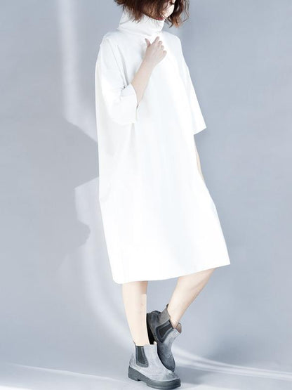 Solid Loose High-neck Half Sleeves Dress