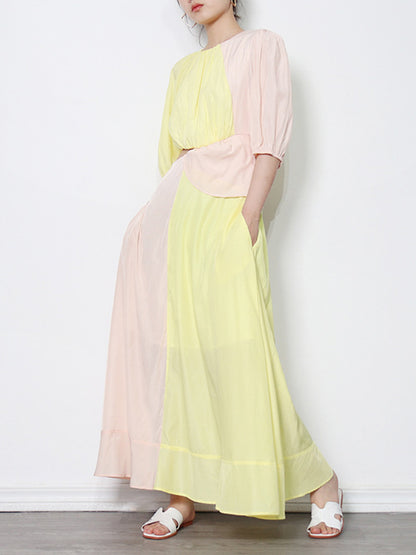 Stylish Contrast Color Split-Joint Round-Neck Raglan Sleeve Maxi Dress