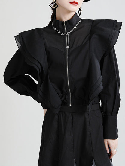 Stylish Solid Color Split-Joint Mesh Falbala Zipper Stand Collar Long Sleeves Outwear