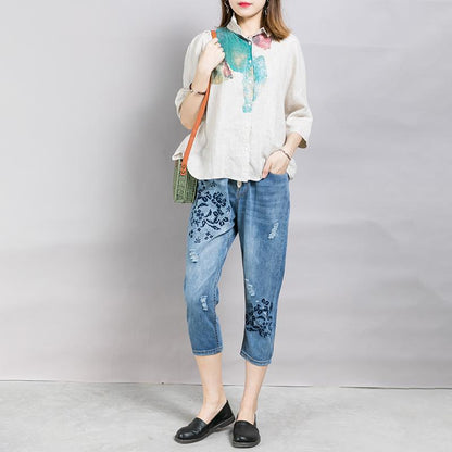 Casual Loose Frayed Women's Cropped Jeans